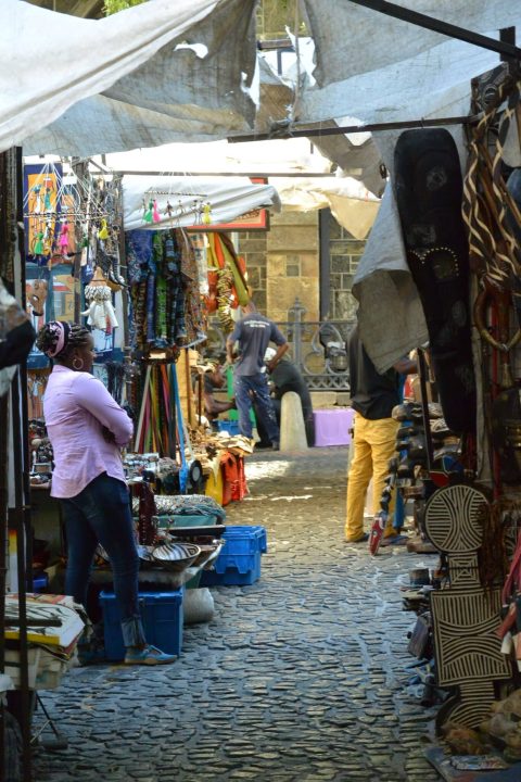 A street with market vendors in CapeTown South Africa