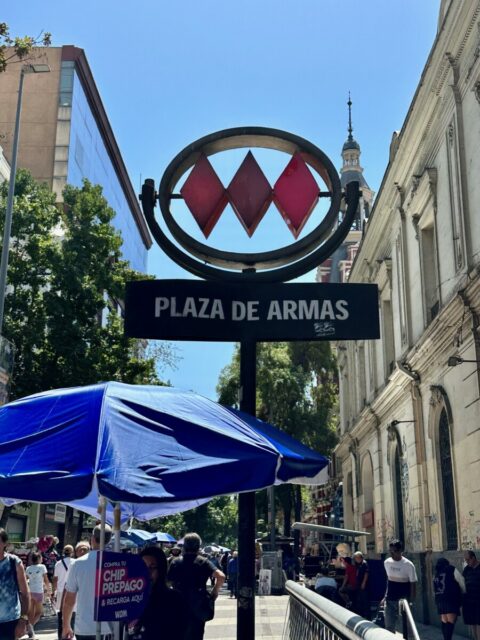 Plaza De Armas Metro station entrance. Steps leading down to the underground transportation system in Santiago Chile.