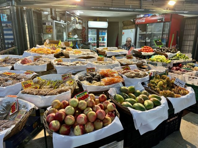 Baskets are loaded with local fruits, dried nuts and other traditional foods at the Central Market, Santiago in Chile.