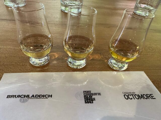 Samples of malt whisky from Islay in 3 glasses with names of each.