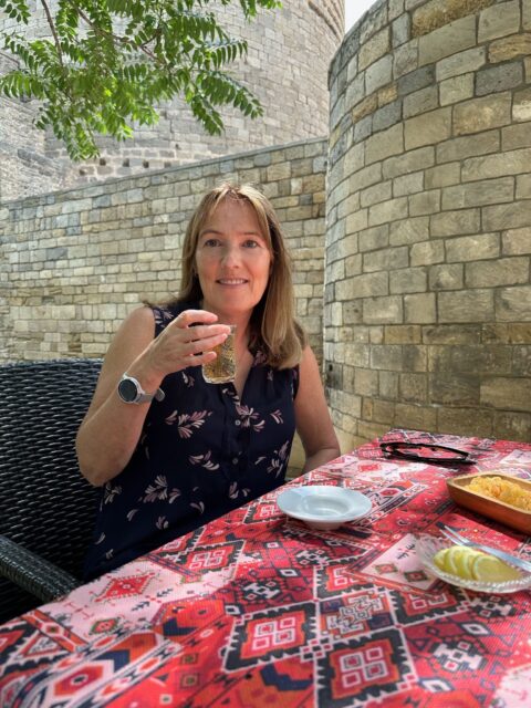 Drinking Azeri tea at Qiz Qalasi cafe