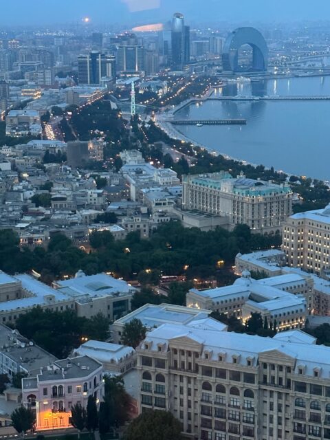 Night time view from Fairmont Bar in Flame Towers Baku