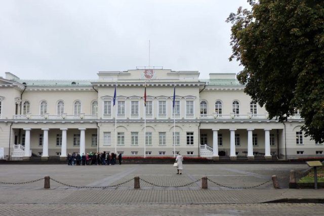 Large white 2 story building is the Presidential Palace in Vilnius Lithuania