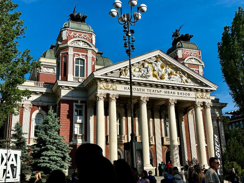 National Theater Building with two towers and column frontage in Sofia, Bulgaria.
