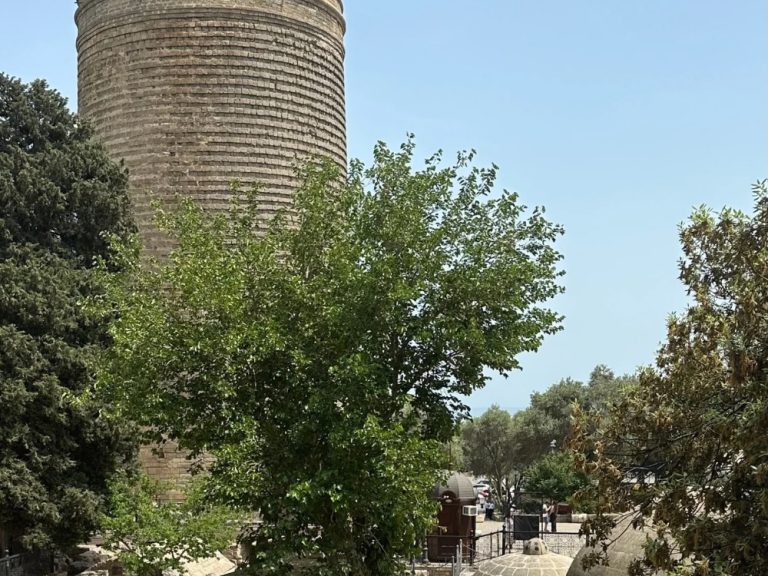 Round stone tower in Old City Baku.