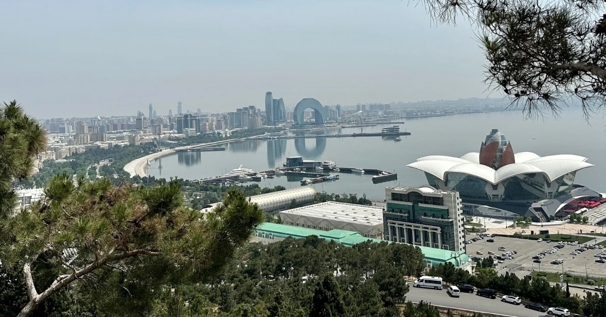 View of Baku from Highland Park, Baku shows Caspian Sea and many buildings around the Baku Boulevard.