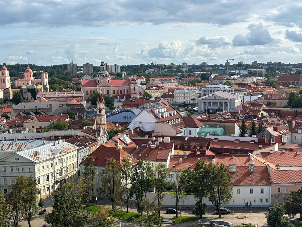 A view of Vilnius city with red tiled rooftops, spires of ancient churches and parks.
